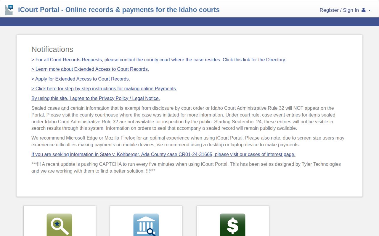 Official Idaho iCourt public case search interface used after a Custer County arrest