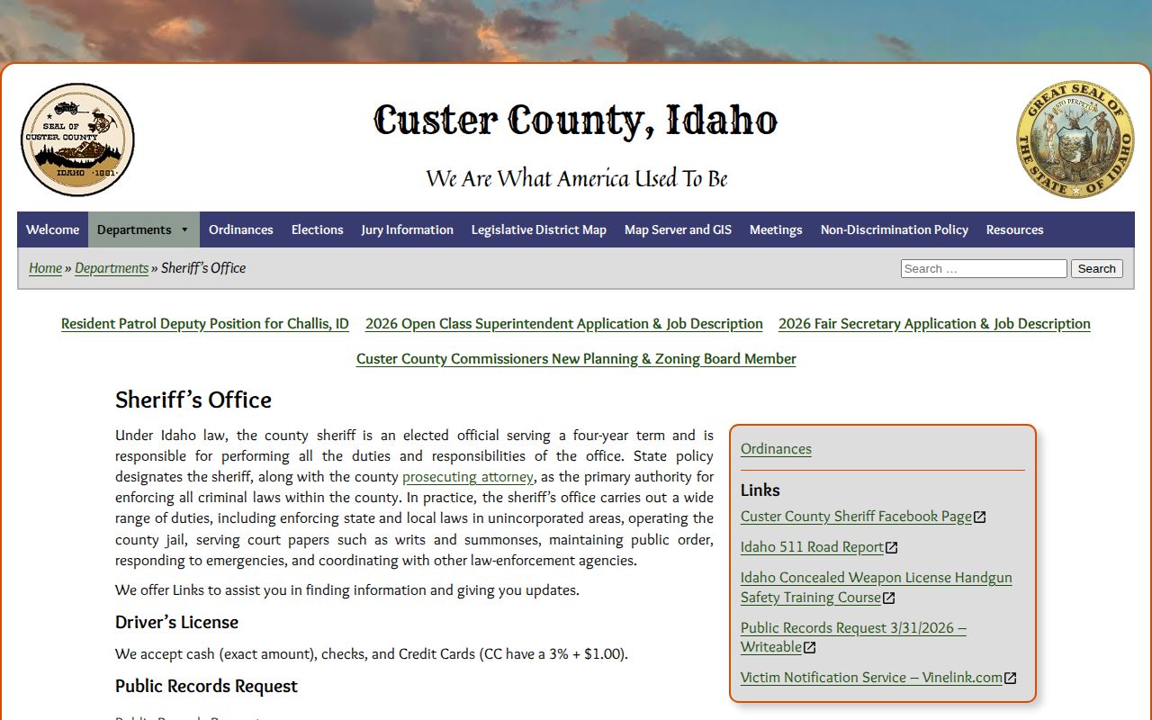 Official Custer County Sheriff page showing department identity and jail role