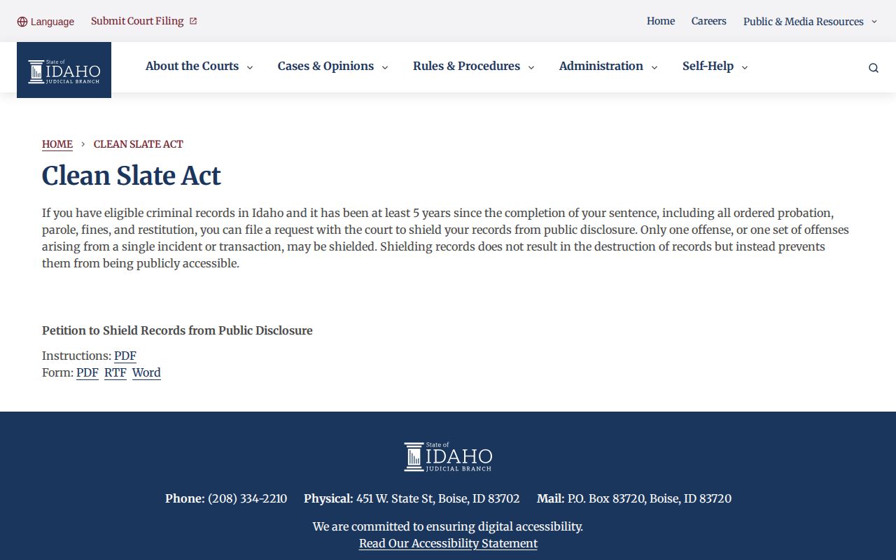 Idaho Supreme Court Clean Slate eligibility and record shielding information