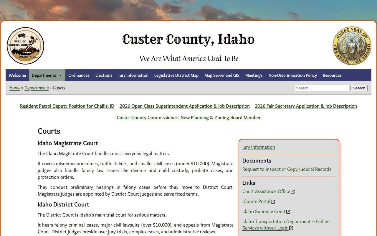 Custer County Courts page with clerk contact and local hearing schedule