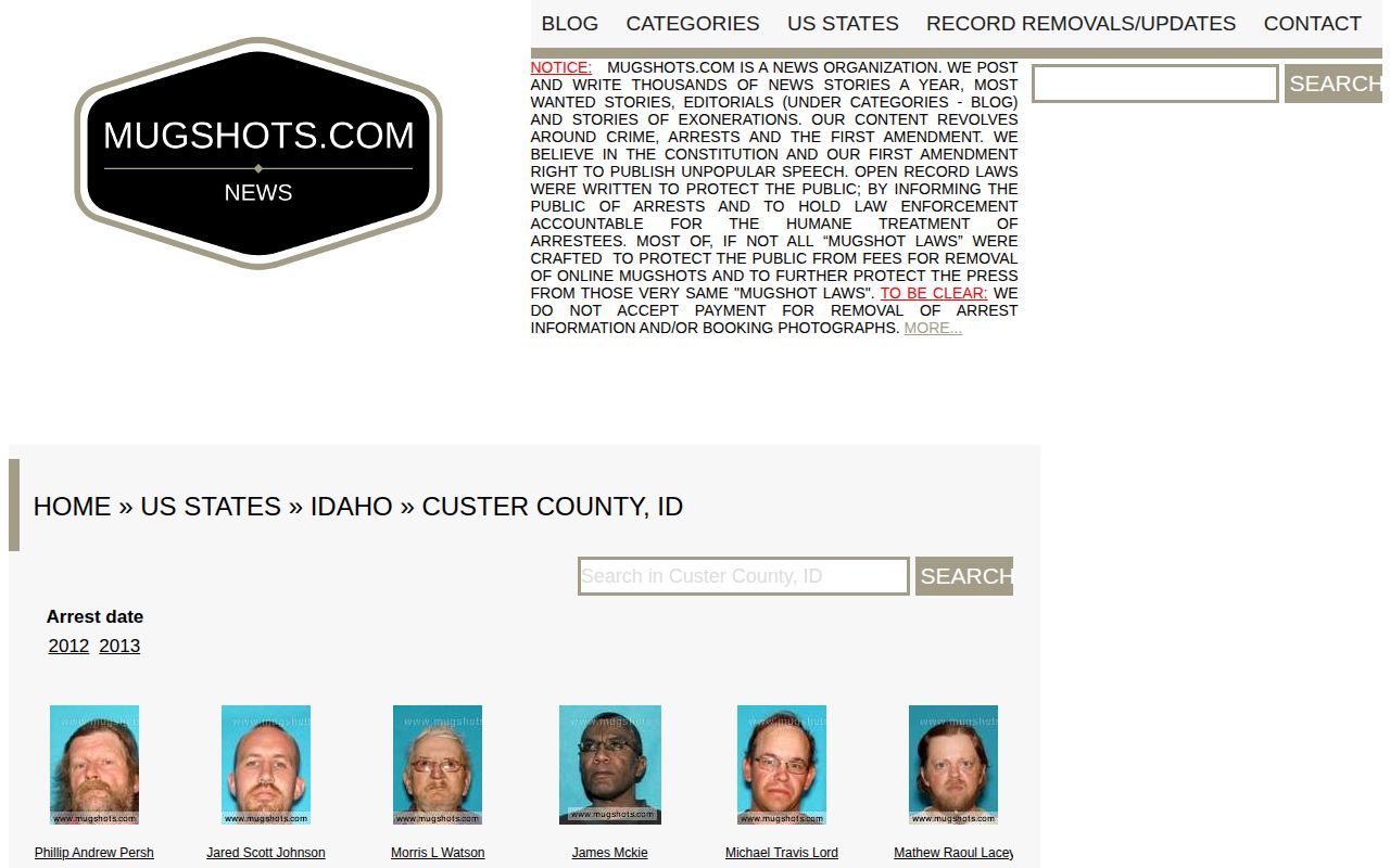 Unofficial Mugshots.com Custer County Idaho page with county label and disclaimers